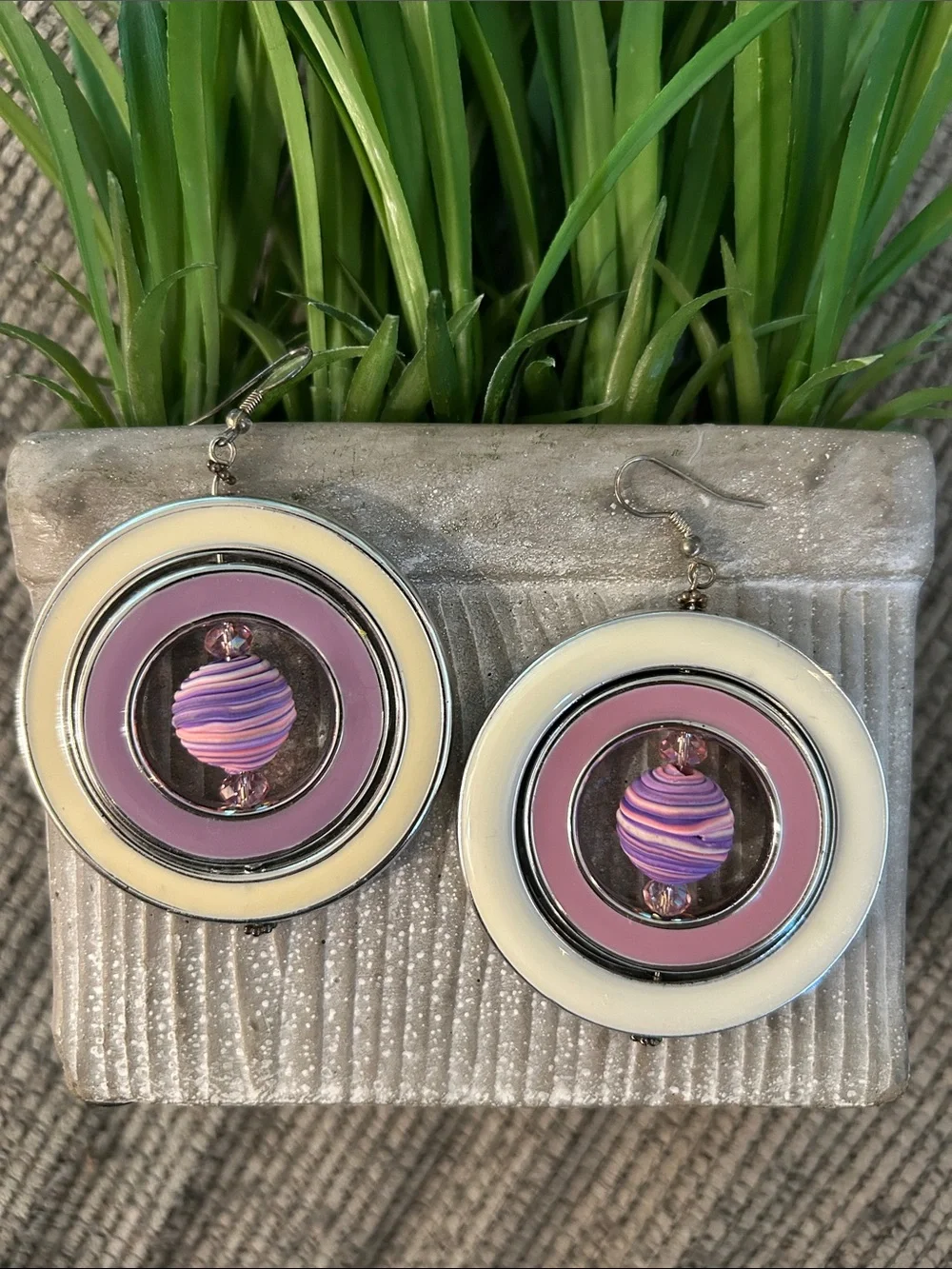 Purple and Cream Retro Circle Dangle Earrings planet style Saturn quirky